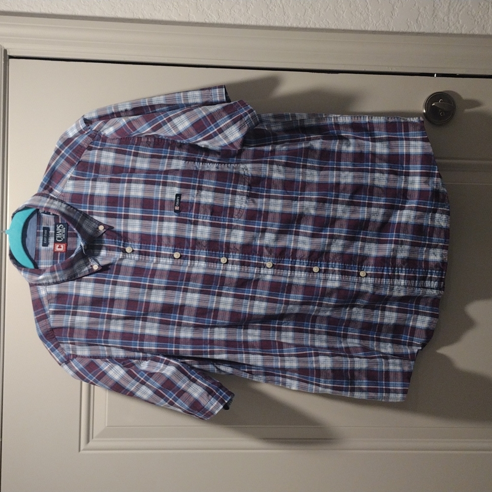 Xl Chaps easy care short sleeve button down shirt purple blue plaid pattern